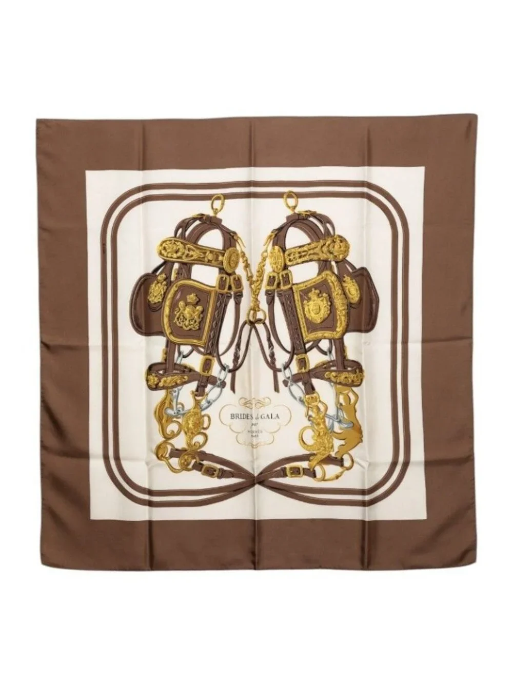 Hermes Carre 90 Bride de Gala Ceremonial Bridle Scarf Brown White Yellow Silk